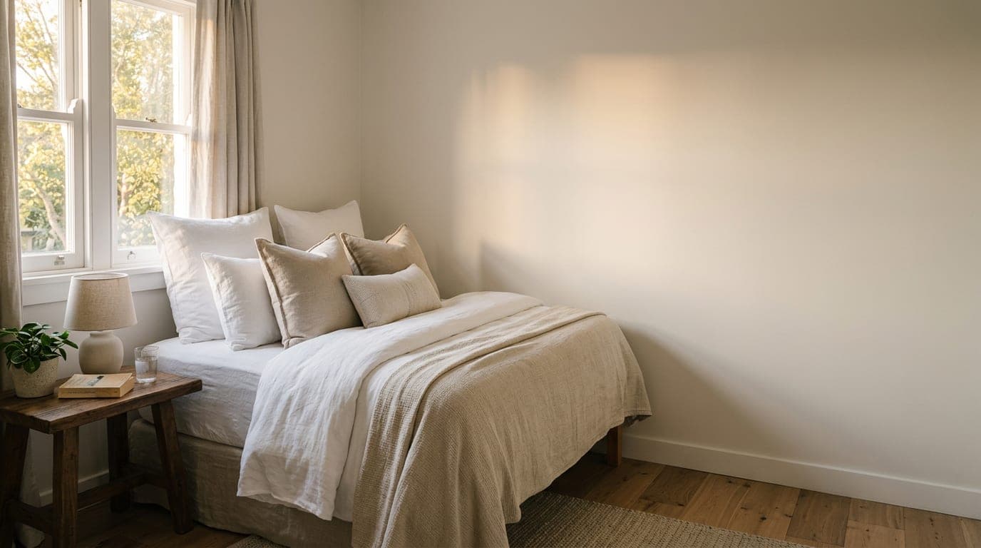 A sunlit bedroom interior featuring a made bed with layered pillows and bedding, natural light streaming through a window, and calm, neutral tones.