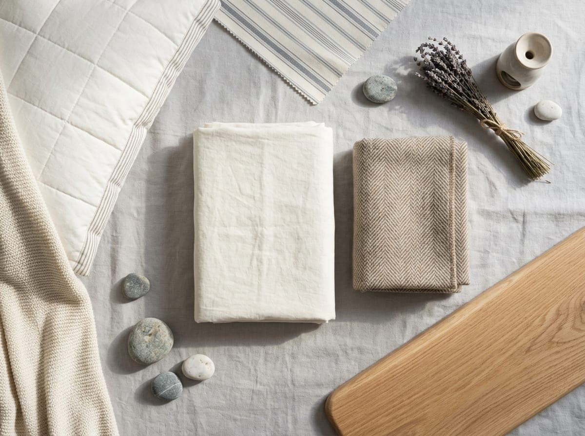 An overhead arrangement of bedroom furniture and accessories including fabric textures, pillows, and bedding samples on a light neutral background.